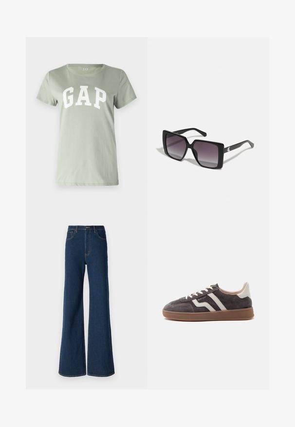 GAP TEE - Μπλουζάκι με στάμπα - desert sage; Abercrombie & Fitch Τζιν χαλαρής εφαρμογής - rinse; Μοναδικό αθλητικό παπούτσι σε σκούρο γκρι με λευκές δερμάτινες λεπτομέρειες, υφές στα πλαϊνά, λευκά κορδόνια και καφέ λαστιχένια σόλα, σε προφίλ πάνω σε απλό φόντο.; Μαύρα τετράγωνα γυαλιά ηλίου με γραδίαν γκρι φακούς. Γυαλιστεροί σκελετοί με καθαρές γραμμές. Ασημένιο λογότυπο στον βραχίονα.