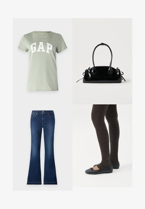 GAP TEE - Μπλουζάκι με στάμπα - desert sage; Φαρδιά τζιν jeans σε σκούρο μπλε, με μπροστινές τσέπες, μεταλλικά κουμπιά και ήπιες λεπτομέρειες ραφής. Ύφασμα από βαμβάκι με λεία υφή.; Πόδια με σκουρόχρωμα ριμπ κολάν συνδυασμένα με μαύρα μπαλαρίνα παπούτσια με μικρές λεπτομέρειες φιόγκων σε λευκό φόντο.; Μικρή μαύρη γυαλιστερή τσάντα με δύο μακριές λαβές και λεπτομέρειες με ρυθμιζόμενο κορδόνι στο πλάι σε απλό ανοιχτό φόντο.
