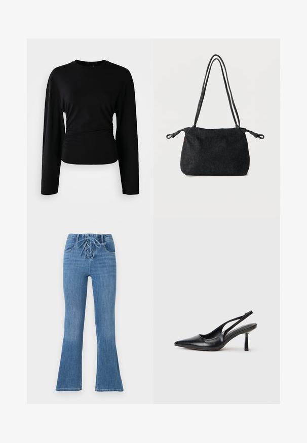 Sort langærmet top lavet af blødt stof. Har en rund halsudskæring og samlet detalje ved taljen. Glat tekstur, tætsiddende design.; ONLY Petite ONLPOWER MID TILE - Flared jeans - medium blue denim; Sort læderslagback højhælet sko med spids tå og slank hæl på en hvid baggrund.; Sort denim skuldertaske med dobbelte rebstropper og knuder i enderne på hver side, sat mod en ensartet hvid baggrund.