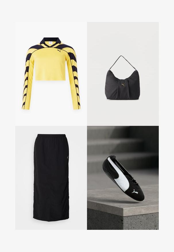 Gul, cropped langærmet trøje med sorte accenter, pæn krave og en tekstureret overflade med et dynamisk stribe mønster. Puma-logo inkluderet.; Sort atletisk nederdel med elastisk talje, der har sideskaller for nem bevægelse og minimal mærkning på højre side.; Sort-hvid Puma sneaker med snørebånd, svævende over en betonkant mod en sløret grå trappebaggrund.; Sort skuldertaske med tekstur og folder, et enkelt håndtag og et lille gyldent Puma-logo centreret på forsiden.