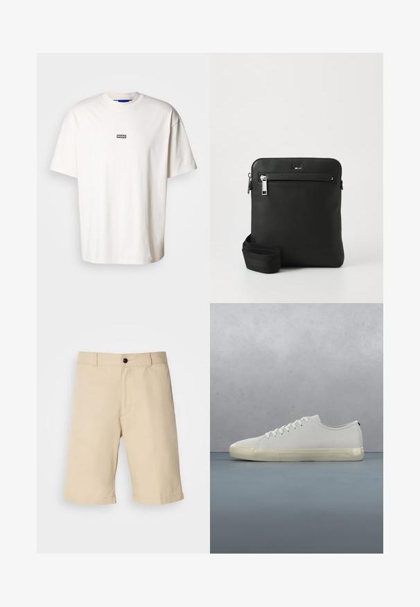 T-shirt en coton blanc avec un col rond et des manches courtes, arborant un petit logo rectangulaire noir portant l'inscription "HUGO" sur la poitrine.; Shorts beiges en tissu léger, avec une taille plate, une taille standard avec fermeture à bouton, et un ourlet droit.; Baskets en cuir blanc avec lacets flottant au-dessus de carreaux en bois carrés et de petits cailloux, avec un arbre et un fond gris.; Sac bandoulière en cuir noir avec un design plat, surface texturée, fermeture éclair, poche avant et une sangle en tissu ajustable.