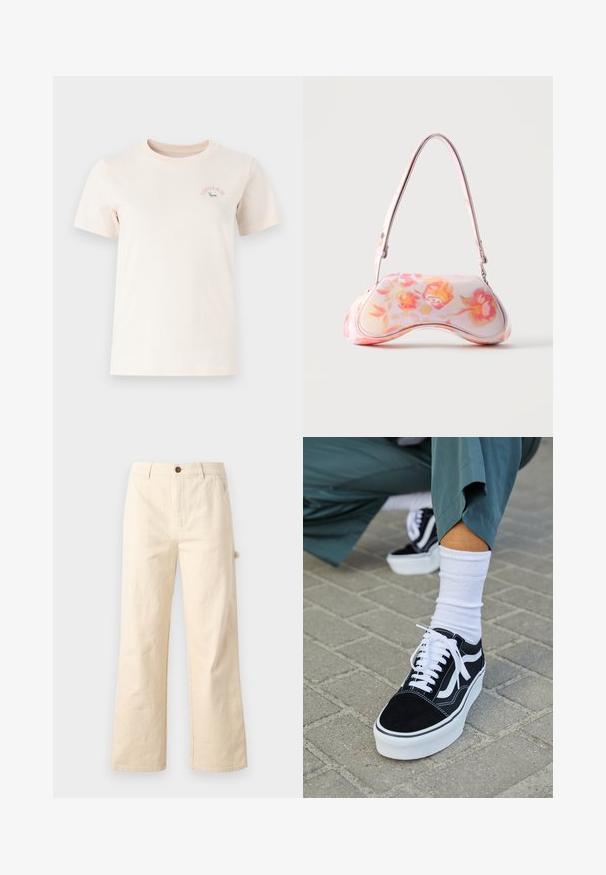 Krátky rukáv, svetlo béžové bavlnené tričko s okrúhlym výstrihom, s ružovým logom "Converse" a zelenou grafikou na hrudi.; Béžové široké nohavice vyrobené z bavlny s gombíkovým zapínaním, ktoré majú bočné vrecká a čistý, minimalistický dizajn.; Čierne semišové tenisky s bielymi akcentmi a šnúrkami, s hrubou bielou podrážkou a kontrastným prešívaním, doplnené o bielu ponožku.; Malá kabelka s oblým tvarom, zdobená ružovo-oranžovým kvetinovým vzorom a jedným ramenným remienkom na jednoliatom pozadí.