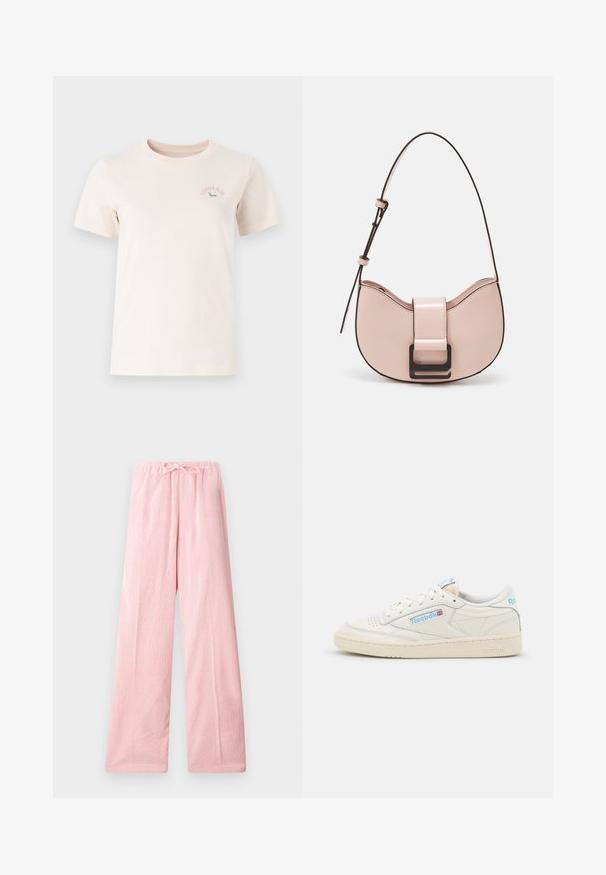 Kortekorte, lichtbeige katoenen t-shirt met een ronde halslijn, voorzien van een roze "Converse" logo en een groene graphic op de borst.; Lichtroze wijde broek van zacht stof, met een elastische tailleband en een trekkoord voor een verstelbare pasvorm en subtiele textuur.; Reebok sneakers in off-white leer met lichtblauwe accenten. Beschikt over een geperforeerde neus, platte veters en een getextureerde rubberen zool.; Kleine, gebogen roze leren handtas met een glanzende afwerking, voorzien van een zwarte accentriem en een grote zwarte sluiting. Crossbody ontwerp.