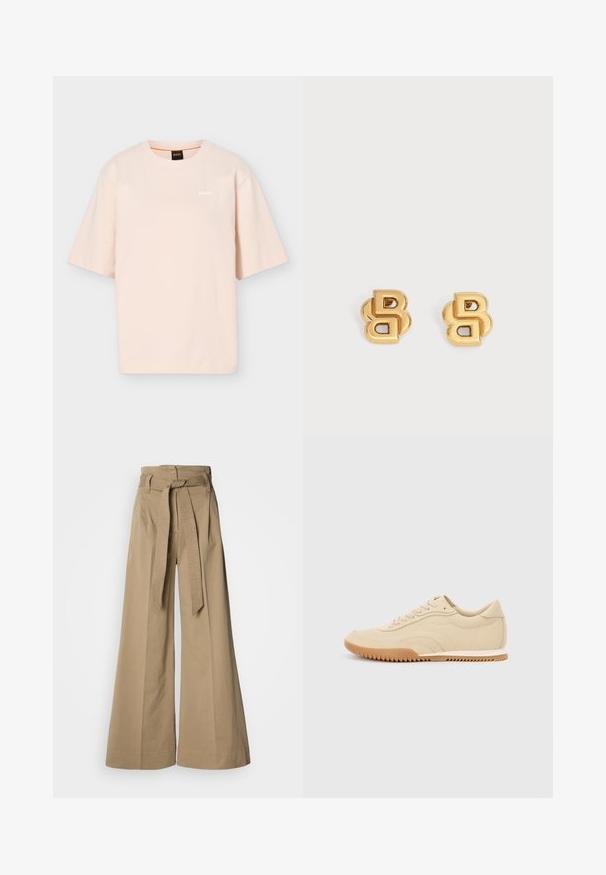 T-shirt beige clair à manches courtes avec col rond, petit logo blanc "BOSS" sur le côté gauche de la poitrine et étiquette noire au col avec détail orange.; Pantalon large beige à taille haute, avec ceinture nouée et taille texturée. Confectionné en coton avec une finition lisse.; Baskets en cuir beige avec une silhouette basse, des surfaces texturées et une semelle en caoutchouc gomme présentant un motif en zigzag pour une meilleure adhérence.; Paire de boucles d’oreilles en métal doré en forme de lettres B entrelacées sur fond blanc.