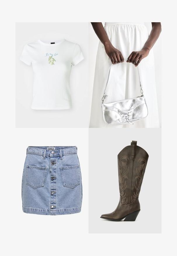 Hvid bomulds t-shirt med rund halsudskæring, korte ærmer og et grønt olivenmotiv med teksten "Be my olive" i lys blå.; Lys blå denim mini-sundress med fem knapper foran, to påsyede lommer, og en let slidt struktur. Mærket hedder "ONLY."; Brune læder cowboystøvle med spids tå, kilehæl og dekorativ broderi. Har en høj stok og en trækflap.; Sølvmetallic håndtaske med snøredetaljer, der har et slankt design og en kort strop. Tasken holdes i hænderne for at fremvise dens tekstur.