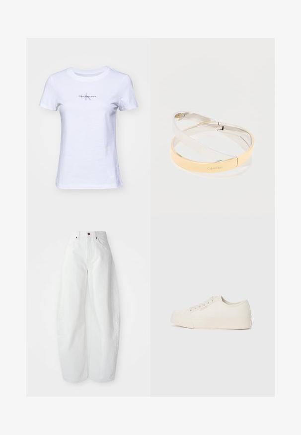 Witte katoenen t-shirt met korte mouwen, voorzien van een klein, grijs "Calvin Klein Jeans" logo aan de voorkant in het midden. Klassieke ronde hals.; Hoge taille witte spijkerbroek met een losse pasvorm. Voorzien van een knoopsluiting, zijzakken en een minimalistisch ontwerp. Glad textuur.; Sneakers van off-white canvas, met een laag ontwerp, ronde neus en platte rubberen zool met subtiele stiksels.; In elkaar grijpen gepolijste metalen armbanden in zilver- en goudtinten, waarvan er één is gegraveerd met het "Calvin Klein"-logo, op een witte achtergrond.