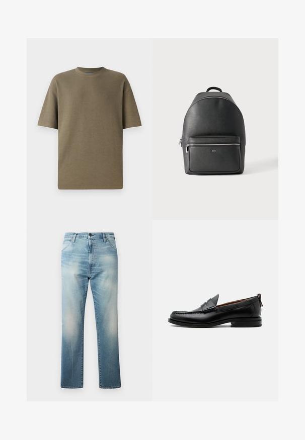 Camiseta de manga corta de canalé en color caqui con cuello redondo, que presenta un ajuste holgado y una textura suave, adecuada para un uso casual.; Replay WAINE PANTS - Vaqueros boyfriend - light blue; Mocasín de hombre de piel negra con costura moc toe, tira penny, cuello texturizado y tacón bajo apilado sobre fondo blanco.; Mochila de cuero negra con asa superior y bolsillo frontal con cremallera etiquetado "BOSS" sobre fondo liso y claro.