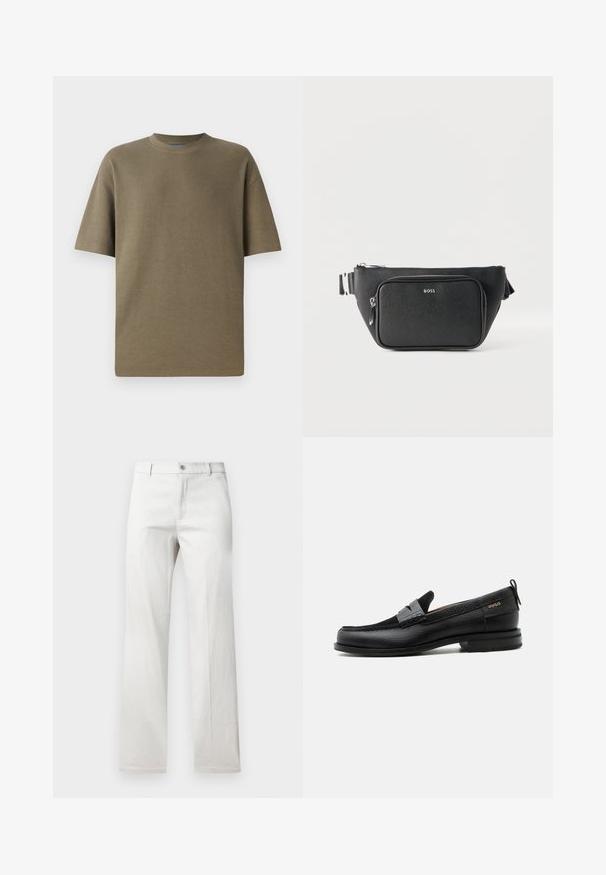 Camiseta de manga corta de canalé en color caqui con cuello redondo, que presenta un ajuste holgado y una textura suave, adecuada para un uso casual.; Pantalones grises claros con un diseño de pierna recta, fabricados en una tela suave, con cierre frontal de botón y bolsillos laterales.; Mocasín de cuero negro con detalle de tira gris, tacón bajo y suela texturizada, con la marca "HUGO" en oro en el lateral.; Riñonera de piel negra con textura, con bolsillo delantero con cremallera y logo "BOSS" en tono plateado, correa ajustable y compartimento principal con cremallera.