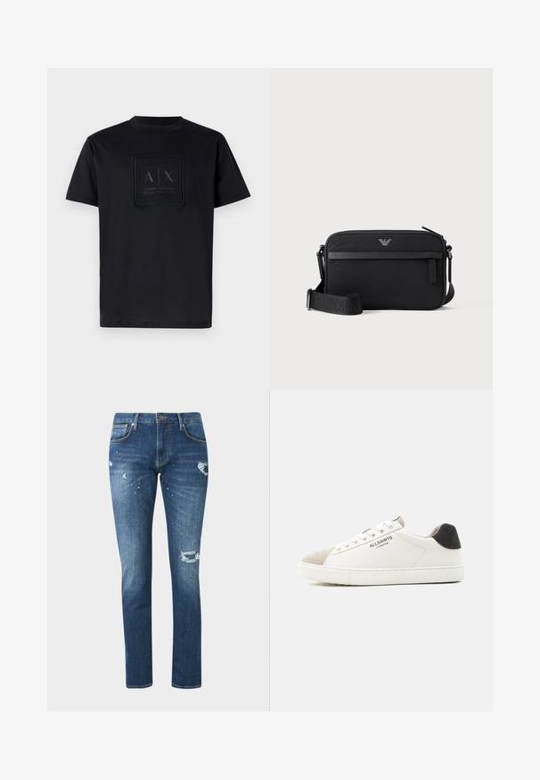 Camiseta de algodón negra con un parche rectangular de logo que presenta el texto "A|X" y "Armani Exchange Blue Edition" en un tono oscuro en la parte frontal. Diseño de cuello redondo.; Vaqueros azules de corte slim con detalles desgastados y salpicaduras de pintura, con bolsillos delanteros y cierre de botones sobre un fondo liso.; Zapatilla blanca de perfil bajo con puntera de ante beige, lengüeta del talón negra, cordones blancos y logo "ALLSAINTS LONDON" en el lateral.; Bolso bandolera rectangular negro con bolsillo frontal con cremallera, correa ajustable y pequeño logo metálico en el centro superior.