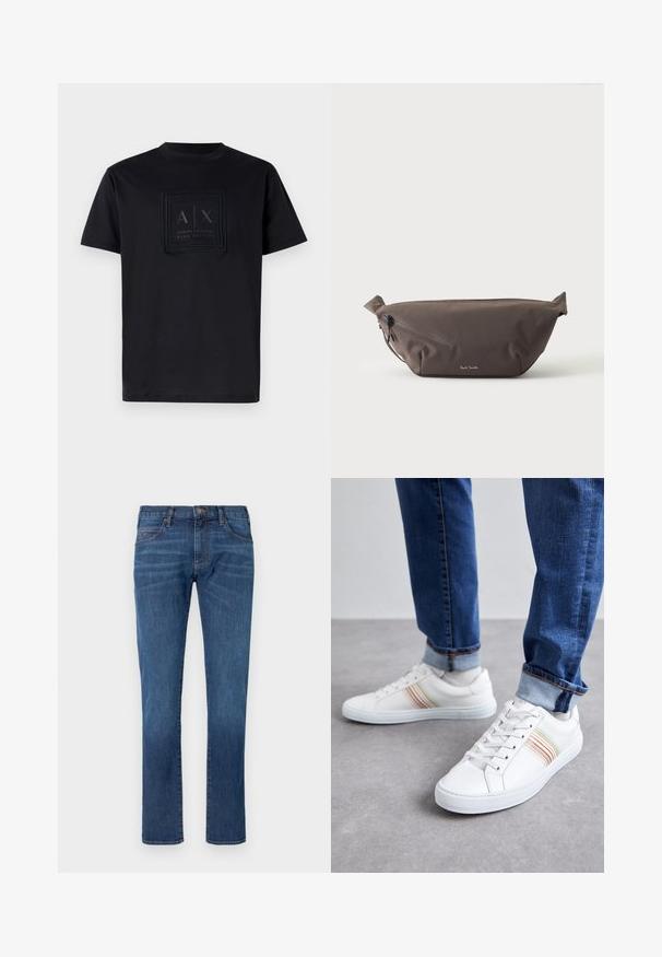 Camiseta de algodón negra con un parche rectangular de logo que presenta el texto "A|X" y "Armani Exchange Blue Edition" en un tono oscuro en la parte frontal. Diseño de cuello redondo.; Vaqueros de mezclilla azul con corte recto, que cuentan con un diseño clásico de cinco bolsillos y cierre de botones. Sutil desgaste en la textura de la tela.; Zapatillas de cuero blancas con rayas multicolores, diseño de cordones, suela de goma y cuello acolchado, combinadas con jeans de mezclilla azul.; Riñonera de tela marrón oscuro con bolsillo diagonal con cremallera y pequeño logo blanco en el frontal, sobre un fondo liso y claro.