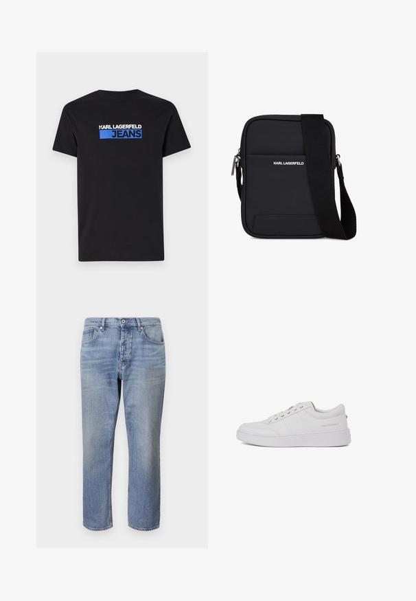 Mustat puuvillapaidat, joissa on edessä valkoinen ja sininen graafinen logo-teksti "KARL LAGERFELD JEANS". Lyhyet hihat, pyöreä pääntie.; Vaaleansiniset farkut suoran leikkauksen, viiden taskun muotoilun, näkyvän tikkausompelun ja nappikiinnityksen kanssa vyötäröllä.; Valkoiset nahkakengät, joissa on klassinen matalan varren muotoilu, litteä pohja ja huomaamaton brändilogot painettuna kantapäässä. Varustettu viidellä metallisella nauhareijällä.; Musta suorakulmainen olkalaukku, jossa säädettävä hihna, etutasku ja valkoisella tekstillä "KARL LAGERFELD" -logo.