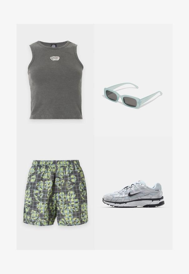 Αμάνικο γκρι crop top με ριμπ υφή, στρογγυλό ντεκολτέ και λευκή ετικέτα με το λογότυπο «Santa Cruz» στο κέντρο του στήθους.; Σορτς με ελαστική μέση, σε γκρι καρό σχέδιο και μεγάλο αφηρημένο πράσινο και μπλε λουλουδάτο μοτίβο, παρουσιάζονται σε απλό φόντο.; Nike P-6000 παπούτσια με άνω μέρος από ελαφρύ γκρι διχτυωτό υλικό, μαύρες λεπτομέρειες και ανθεκτική μαύρη καουτσούκ σόλα. Διαθέτει περίπλοκο σχέδιο και σύστημα κορδονιών.; Ενα ζευγάρι ορθογώνια γυαλιά ηλίου με ανοιχτό μπλε ημιδιαφανείς σκελετούς και σκούρους γκρι φακούς, διαθέτοντας ίσιες βραχίονες και ελάχιστες λεπτομέρειες υλικών.