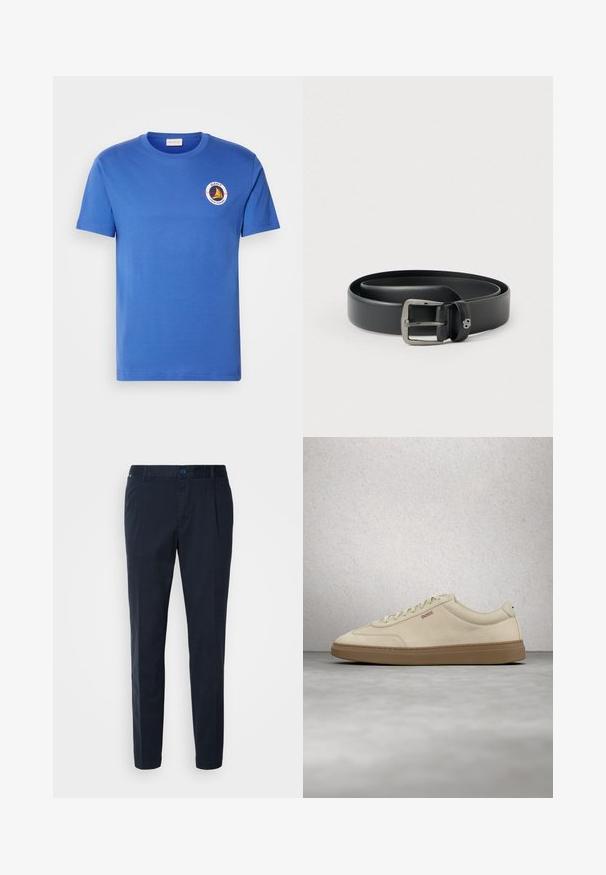 Camiseta de algodón azul con mangas cortas, que presenta un logo redondo en blanco, amarillo y negro en la parte izquierda del pecho. Cuello redondo, corte regular.; Pantalones azul marino hechos de una mezcla de algodón, con un corte recto, pliegues frontales y un cierre de botón en la cintura. Textura suave, sin patrones.; Zapatilla de ante beige claro con suela de goma color caramelo, cordones prominentes y detalles de costura sutiles. Diseño limpio con una estética minimalista.; Cinturón de cuero negro con hebilla metálica plateada brillante, textura suave y bordes cosidos. Cuenta con una trabilla para asegurar el extremo del cinturón.