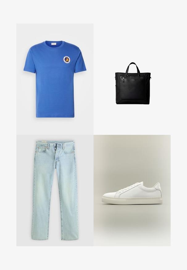 Blaues Baumwoll-T-Shirt mit kurzen Ärmeln, mit einem runden Logo in Weiß, Gelb und Schwarz im Bereich der linken Brust. Rundhalsausschnitt, normale Passform.; Helle blaue Denim-Jeans mit geradem Schnitt, fünf Taschen, Knopfverschluss und dezentem Verblassen. Mit Steppdetails und Kupfennieten.; Weißer Sneaker mit niedrigem Schaft, vorn mit Schnürung und dicker Sohle, aus der Seitenansicht vor neutralem Hintergrund.; Schwarze Tragetasche mit Doppelgriffen, großer vorderer Ledertasche mit Reißverschluss und dezentem Calvin Klein-Logo in der Mitte der Tasche.