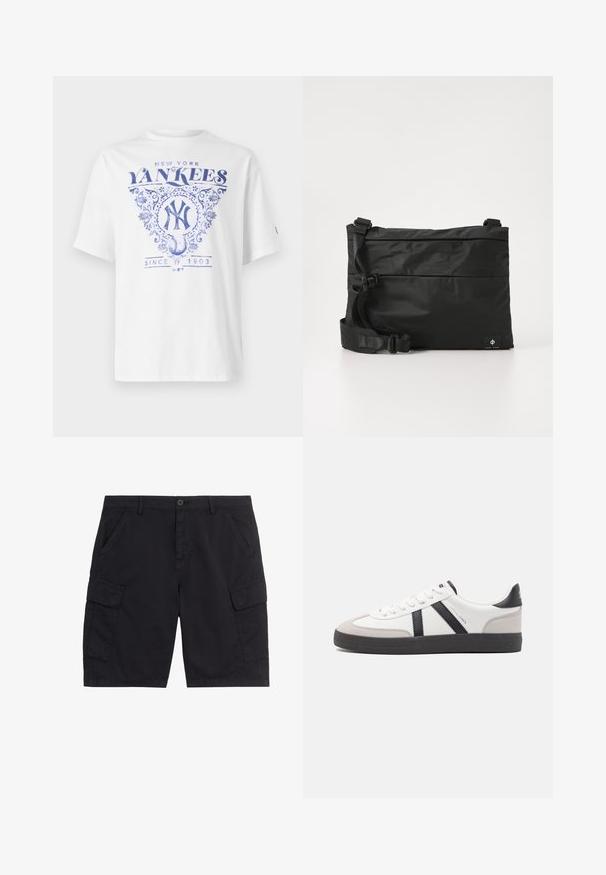 Biela tričko s modrým potlačeným dizajnom, na ktorom je „New York Yankees“, zdobené detaily a „Since 1903“ pod grafikou baseballu. Krátke rukávy.; Čierne cargo šortky s predným gombíkom a zipsom, dvoma bočnými vreckami, dvoma náprsníkovými cargo vreckami so záklopkou a pútkami na opasok.; Biele tenisky s čiernymi a šedými akcentmi, s textúrovanou šedou špičkou, čiernou gumovou podrážkou a plochými bielymi šnúrkami. Čistý dizajn, minimalistický štýl.; Čierna nylonová taška cez rameno s nastaviteľným popruhom, plochým dizajnom a bočnou nálepkou s logom. Hladká textúra a minimalistický štýl.