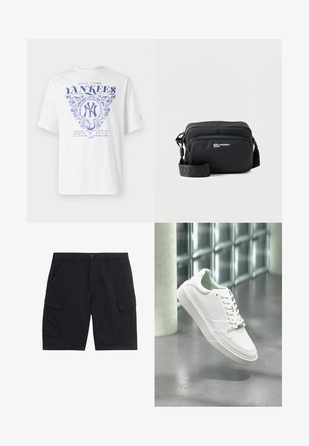 Weißes T-Shirt mit blauem Druckdesign, das "New York Yankees" zeigt, umständliche Details und "Seit 1903" unter einem Baseball-Logo. Kurze Ärmel.; Schwarze Cargo-Shorts mit vorderem Knopf und Reißverschluss, zwei seitlichen Taschen, zwei Klappentaschen und Gürtelschlaufen.; Weißer Ledersneaker mit abgerundeter Spitze, Schnürverschluss und flacher Gummisohle. Verfügt über perforierte Details und dezentes Logo-Akzent.; Schwarze rechteckige Crossbody-Tasche mit zwei Reißverschlussfächern, „KARL LAGERFELD JEANS“-Logo und verstellbarem Markenriemen auf weißem Hintergrund.