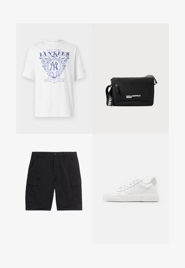 Biela tričko s modrým potlačeným dizajnom, na ktorom je „New York Yankees“, zdobené detaily a „Since 1903“ pod grafikou baseballu. Krátke rukávy.; Čierne cargo šortky s predným gombíkom a zipsom, dvoma bočnými vreckami, dvoma náprsníkovými cargo vreckami so záklopkou a pútkami na opasok.; Biele kožené tenisky s hladkým povrchom, zaoblenou špičkou, plochými šnúrkami a textúrovanou podrážkou. Sivý semišový akcent na päte.; Čierna messenger taška z hladkého nylónu. Má nastaviteľný popruh, predné vrecko na zips a biely potlačený logo. Obdĺžnikový tvar s minimalistickým dizajnom.