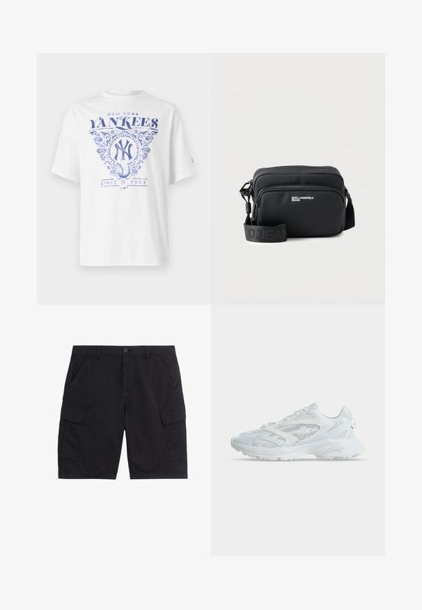 Biela tričko s modrým potlačeným dizajnom, na ktorom je „New York Yankees“, zdobené detaily a „Since 1903“ pod grafikou baseballu. Krátke rukávy.; Čierne cargo šortky s predným gombíkom a zipsom, dvoma bočnými vreckami, dvoma náprsníkovými cargo vreckami so záklopkou a pútkami na opasok.; Biela športová teniska s sieťovanými panelmi a textúrovanou podrážkou, zobrazená z boku na jednoduchom svetlom pozadí.; Čierna obdĺžniková crossbody kabelka so dvomi vreckami na zips, logom "KARL LAGERFELD JEANS" a nastaviteľným popruhom s logom na bielom pozadí.