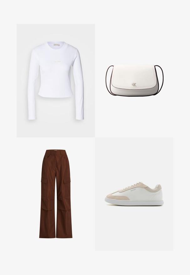 Top corto de manga larga blanco con un sutil logo de Calvin Klein en el centro, mostrado sobre un fondo gris claro.; Pantalones cargo marrones con piernas anchas, múltiples bolsillos laterales, una cintura alta y tela de algodón resistente con una textura suave.; Zapatillas de cuero blancas con detalles de ante beige y cordones blancos. Presentan una puntera redondeada y una suela acolchada para mayor comodidad.; Bolso bandolera blanco con cierre de solapa, pequeño logo plateado "cK" centrado y correa ajustable delgada de color marrón oscuro.