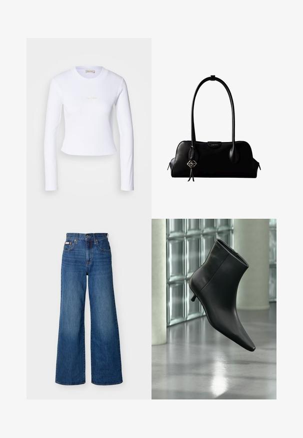 Top corto de manga larga blanco con un sutil logo de Calvin Klein en el centro, mostrado sobre un fondo gris claro.; Jeans anchos de mezclilla azul con cintura alta, botón frontal, cremallera y diseño de cinco bolsillos sobre un fondo liso.; Botín negro de cuero con punta puntiaguda y tacón bajo estilo kitten, mostrado en ángulo sobre un suelo pulido y con una pared de bloques de vidrio de fondo.; Bolso de mano negro de cuero Calvin Klein con asas largas, una etiqueta con el logo frontal y un colgante geométrico plateado que cuelga de una de las asas.