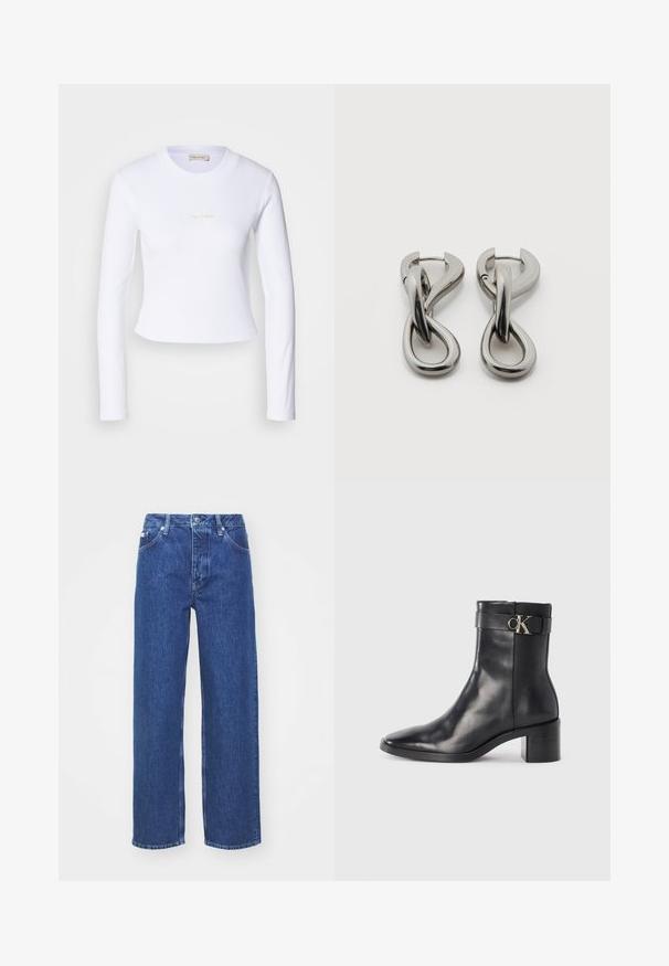 Biely dlhý rukáv crop top s jemným logom Calvin Klein v strede, zobrazený na svetlo šedom pozadí.; Modré denimové nohavice so širokými nohavicami a vysokým pásom, so zipsom a zapínaním na gombík, pútkami na opasok a jemným vyblednutím látky.; Čierne kožené členkové čižmy s špicatou špičkou, blokovým podpätkom a pásikom s kovovým logom. Hladká textúra a minimalistický dizajn.; Pár strieborných kovových náušníc s abstraktným prepletajúcim sa slučkovým vzorom na bielom pozadí.