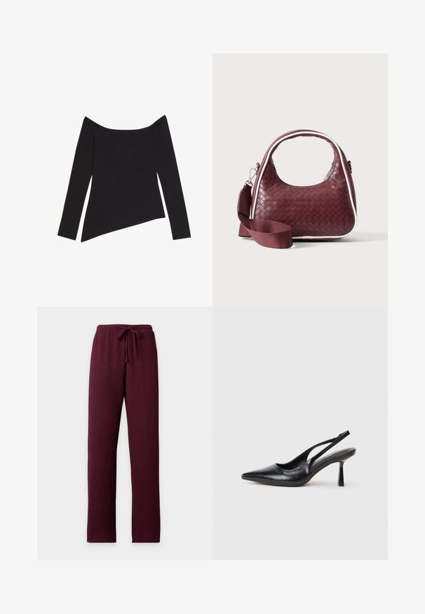 Haut noir à manches longues et épaules dénudées avec une texture côtelée et unOurlet asymétrique, mettant en valeur un design ajusté et un tissu doux.; Pantalon bordeaux texturé avec jambes droites et taille élastique munie d’un cordon de serrage assorti.; Chaussure à talon haut en cuir noir, à bride arrière, avec un bout pointu et un talon fin sur fond blanc.; Sac à main en cuir tressé marron foncé avec poignée courbée, garniture blanche, fermeture éclair argentée et bandoulière large en tissu amovible sur fond uni.