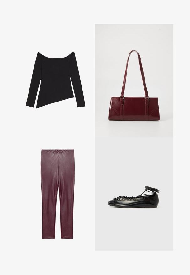 Sort off-the-shoulder langærmet top med ribbet tekstur og en asymmetrisk kant, der fremhæver et tætsiddende design og blødt materiale.; Bordeaux faux læder leggings med en glat tekstur, høj talje og tætsiddende design, der strækker sig til anklerne uden yderligere detaljer.; Sorte balletflade sko i laklæder med rundet tå, snørelukning og flad sål. Glat tekstur med få detaljer.; Bordeaux håndtaske lavet af glansfuldt materiale, rektangulær form, med to skulderremme og subtile buede detaljer på forsiden.
