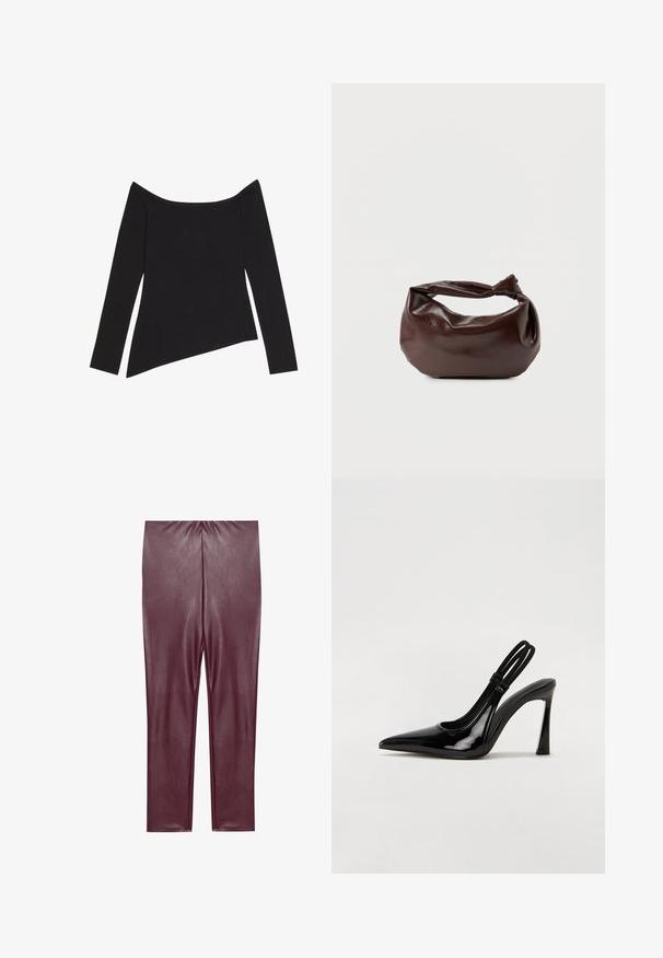 Zwarte off-shoulder top met lange mouwen, voorzien van een geribbelde textuur en een asymmetrische zoom, die een aansluitend ontwerp en zachte stof presenteert.; Bordeaux nep leren leggings met een gladde textuur, hoge taille en aansluitend ontwerp, dat tot aan de enkels reikt zonder extra details.; Zwarte gepatineerde leren slingback pump met puntige neus, slanke hoge hak en dubbele elastische band voor een veilige pasvorm. Gladde, glanzende oppervlakte.; Donkerbruine leren schoudertas met een zachte, slungelige vorm en een gedraaide knoopvormige handgreep op een effen witte achtergrond.