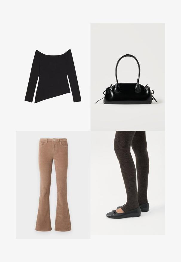 Zwarte off-shoulder top met lange mouwen, voorzien van een geribbelde textuur en een asymmetrische zoom, die een aansluitend ontwerp en zachte stof presenteert.; Bruine fluwelen uitlopende broek met een gestructureerd oppervlak, voorzien van vijf zakken, een knoopsluiting en riemlussen.; Benen met donkere geribbelde leggings gecombineerd met zwarte ballerina's met kleine strikdetails op een witte achtergrond.; Kleine zwarte glanzende handtas met twee lange hengsels en zijkant trekkoord details op een effen lichte achtergrond.