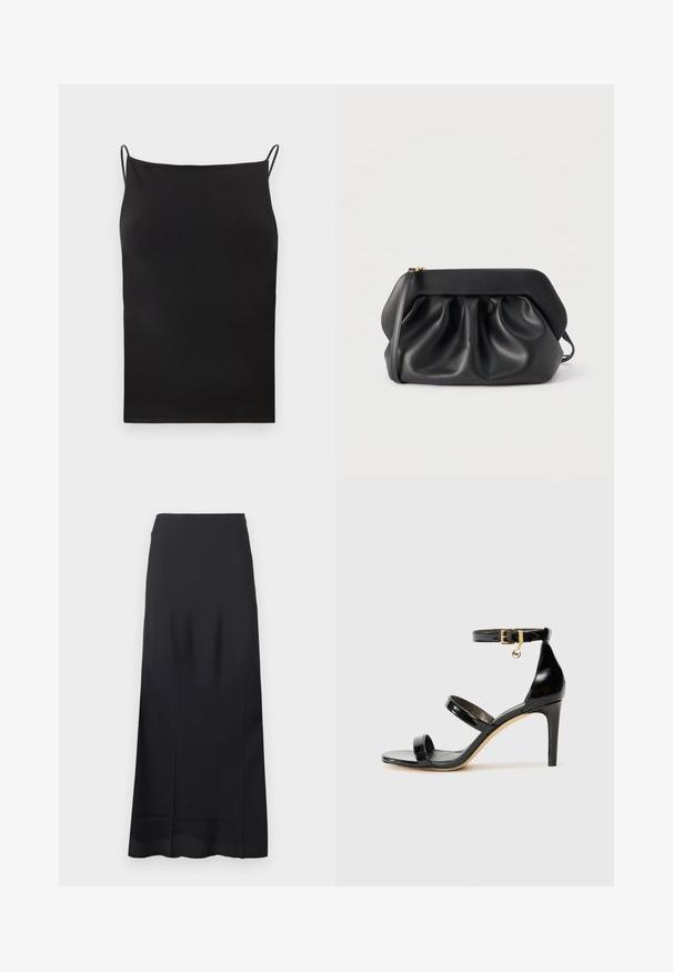 Débardeur noir côtelé avec fines bretelles spaghetti et encolure droite, présenté sur un fond blanc uni.; Jupe noire longue jusqu'au sol en tissu lisse ; présente un design épuré et profilé sans motifs ni ornements supplémentaires.; Sandale en cuir verni noir avec trois brides, boucle de cheville et talon aiguille de 10 cm. Présente un détail en métal doré et un charm logo.; Pochette en cuir noir avec une structure rigide, des détails froncés et une fine lanière de poignet sur fond blanc.