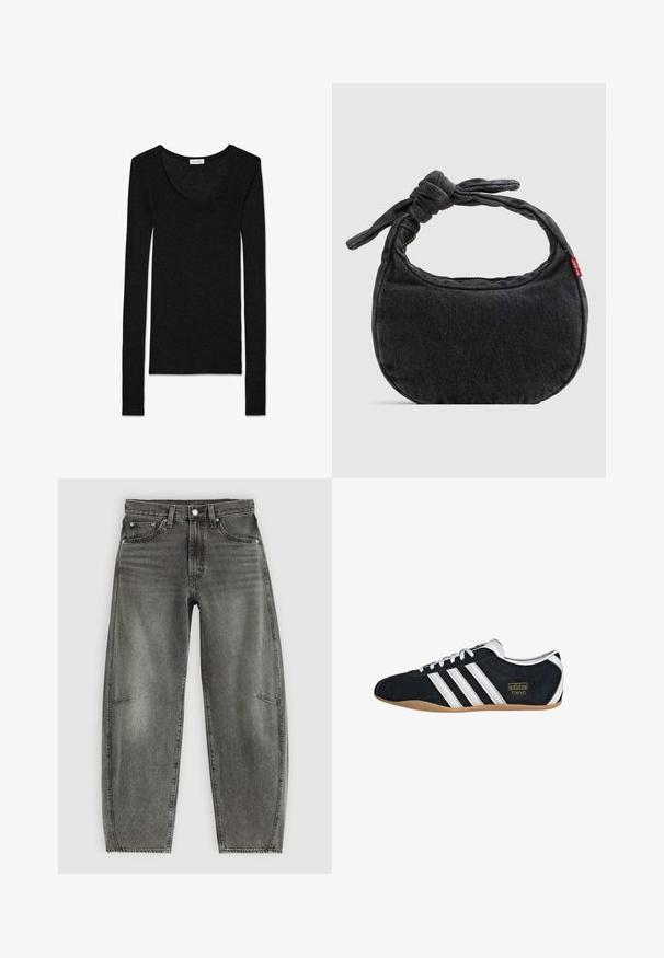 Zwarte lange mouwen top gemaakt van een zachte, gestructureerde stof. Heeft een ronde halslijn en een aansluitend ontwerp, zonder zichtbare patronen of accenten.; Hoge taille grijs gewassen denim jeans met vijf zakken, knoopsluiting en een ontspannen rechte pasvorm.; Zwarte suède sneaker met witte drie strepen, gouden logo en een bruine rubberen zool. Heeft een laag profiel vetersluiting ontwerp.; Kleine zwarte denim schoudertas met een gestrikte riem en ritssluiting, met een rood Levi's stoffen label aan de zijkant.