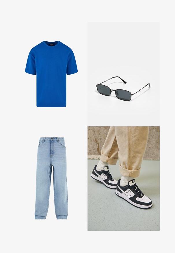 Camiseta azul de mangas cortas hecha de algodón, con un cuello redondo clásico y un corte relajado. Textura suave sin patrones ni acentos visibles.; Jeans de denim azul claro con ajuste holgado, cintura alta y cinco bolsillos. Presenta presillas para el cinturón y un cierre de botón. Textura suave.; Zapatillas Nike Air Force 1 en blanco y negro con parte superior de cuero, puntera perforada y detalle de suela texturizada, combinadas con pantalones beiges remangados y calcetines blancos.; Gafas de sol rectangulares negras con marco delgado de metal y lentes oscuros apoyadas sobre una superficie blanca.