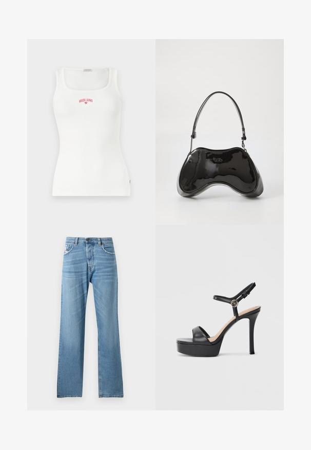 Débardeur blanc côtelé sans manches avec un décolleté carré et le texte rouge "GUESS JEANS" ainsi que le logo en étoile sur la poitrine.; Jeans en denim bleu clair avec une coupe droite, dotés d'une taille standard, de cinq poches et d'un léger dégradé sur le tissu.; Sandales à plateforme noires avec un talon haut stilettos, dotées d'une tige en cuir lisse, d'un bout ouvert et d'une bride de cheville ajustable avec ferrures.; Sac à main en cuir verni noir avec une forme incurvée unique, une anse courte et ajustable, et une fermeture zippée. Texture lisse avec un branding discret.