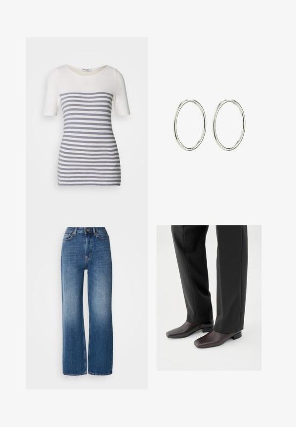 Gestreepte t-shirt van lichtgewicht stof, met een ronde halslijn, korte mouwen en horizontale grijze en witte strepen over het lichaam.; Hoge taille, wijde blauwe denim jeans met een gradient wassing, koperen stiksels, een knoopsluiting aan de voorkant en vijf zakken.; Donkerbruine leren schoenen met een vierkante neus en een korte blokhak, gedragen met zwarte, op maat gemaakte broek, die een strakke, gepolijste uitstraling tonen.; Zilveren creolen met een gladde, gepolijste afwerking. Ronde vorm, lichtgewicht ontwerp, met een veilig sluitmechanisme.