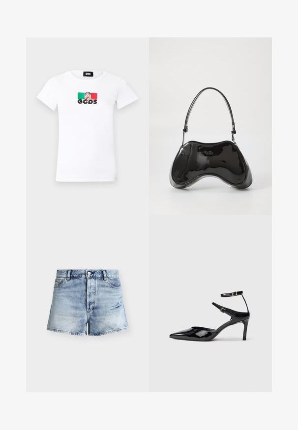 Weißes kurzärmeliges Ripp-T-Shirt mit einem grün-roten rechteckigen Design, einer Cartoonfigur in der Mitte und fettem schwarzen "GCDS"-Schriftzug darunter.; Hellblaue Jeansshorts mit Knopfverschluss, Gürtelschlaufen, Vordertaschen und einem kleinen ausgefransten Fleck am rechten Bein.; Schwarze Lacklederabsätze mit spitzer Zehenpartie, verstellbaren Knöchelriemen und einem schlanken Absatz. Glatte Textur mit glänzender Oberfläche.; Schwarze Handtasche aus lackiertem Leder mit einer einzigartigen, geschwungenen Form, kurzem verstellbarem Griff und einem Reißverschluss oben. Glatte Textur mit dezentem Branding.