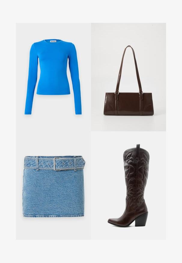 Dlhý rukáv modrý top z elastického materiálu. Má okrúhly výstrih a priliehavý strih. Hladká textúra s minimálnymi švovými detailami.; Abercrombie & Fitch CLASSIC BELTED SCARLETTE MINI SKORT - Denimová sukňa - blue denim; Vysoká tmavohnedá kožená kovbojská čižma so šitými dekoratívnymi vzormi, špicatou špičkou a vrstveným blokovým podpätkom.; Hnedá lakovaná kožená kabelka s obdĺžnikovým tvarom, dvoma dlhými rúčkami a jemne zakrivenými akcentami na prednej strane.