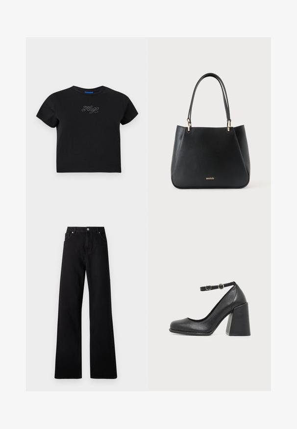 Schwarzes Baumwoll-T-Shirt mit kurzen Ärmeln, rundem Halsausschnitt und taillierter Form. Mit einem Strassdesign, das "HUG" auf der Vorderseite schreibt.; Schwarze weit geschnittene Jeans aus Denim mit einem Fünf-Taschen-Design, vorderem Knopfverschluss und dezenten Nähdetails.; Schwarzer Leder-Pumps mit abgerundeter Spitze und dickem Blockabsatz, mit verstellbarem Knöchelriemen und kleiner runder Schnalle.; Schwarze Ledertasche mit zwei Griffen, goldfarbenen Beschlägen und "HUGO"-Logo mittig vorne vor einem einfarbigen hellen Hintergrund.