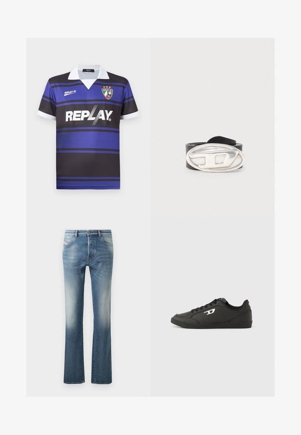 Camisa de fútbol negra y azul con rayas horizontales, cuello blanco y logo "REPLAY". Presenta un emblema de escudo con estrellas encima.; Jeans de mezclilla azul claro con acampanados, que cuentan con un diseño de cinco bolsillos, un ligero desvanecimiento en los muslos y una cintura estándar con pasadores para cinturón.; Zapatillas deportivas negras sintéticas con suela negra texturizada, puntera redonda y cordones planos negros. Destaca un logo blanco en el lateral exterior.; Cinturón de cuero negro enrollado con una gran hebilla ovalada de plata que presenta un diseño elevado estilizado en forma de "D".