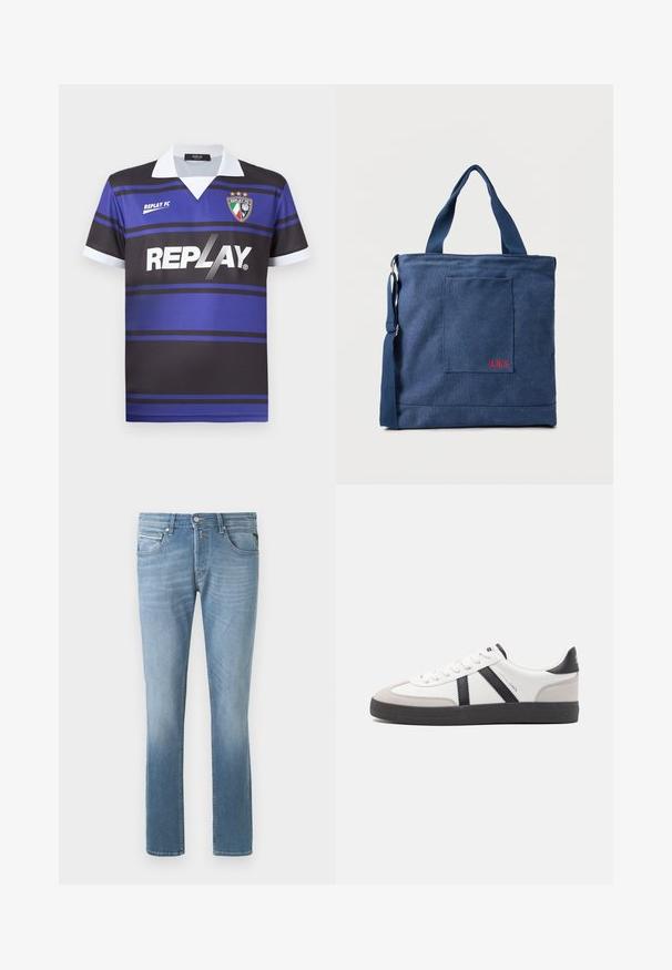 Schwarz-blaues Fußballtrikot mit horizontalen Streifen, weißem Kragen und "REPLAY"-Logo. Mit einem Wappensymbol mit Sternen darüber.; Hellblaue Jeans im geraden Schnitt mit fünf Taschen, einem vorderen Knopf und dezenten Ausbleichungen in der Nähe der Knie und Oberschenkel.; Weiße Sneaker mit schwarz- und grau-aczenten, ausgestattet mit einer strukturierten grauen Zehenkappe, schwarzer Gummi-Sohle und flachen weißen Schnürsenkeln. Sauberes Design, minimalistische Stil.; Blauer Canvas-Einkaufstasche mit Vordertasche und roter "O.N.S" Stickerei, ausgestattet mit zwei Griffen und einem verstellbaren Schulterriemen.