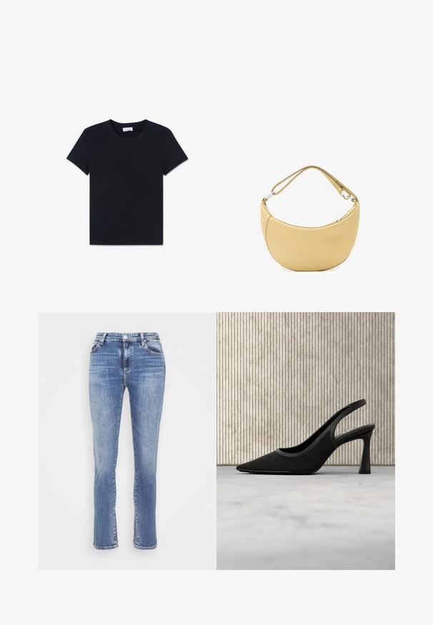 En simpel sort T-shirt med korte ærmer og rund hals, lagt fladt på en hvid baggrund.; AG Jeans MARI - Jeans Slim Fit - blue; Sort spids tå slingback højhælet sko med DKNY-logo indeni, placeret på et reflekterende gulv nær en metalramme, der holder lærreder.; Blød beige skuldertaske i læder formet som en halvmåne med justerbar rem og sølvfarvet lynlåslukning.