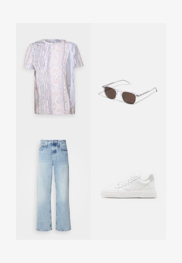 T-shirt à manches courtes avec un motif texturé dans des teintes beige et grises douces, présentant un col rond et une coupe décontractée.; Jean large bleu clair à taille haute, avec une finition délavée, des passants de ceinture et un design classique à cinq poches. L'ourlet est brut.; Des baskets en cuir blanc avec une finition lisse, un bout rond, des lacets plats et une semelle texturée. Accents en daim gris au niveau du talon.; Lunettes de soleil en plastique transparent avec des verres marron rectangulaires, dotées de branches fines et transparentes ainsi que d'accents en métal sur les tempes.