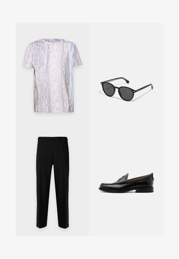 T-shirt à manches courtes avec un motif texturé dans des teintes beige et grises douces, présentant un col rond et une coupe décontractée.; Pantalon noir en tissu lisse, présentant une coupe droite, deux poches avant et une fermeture à glissière avec bouton.; Mocassin homme en cuir noir avec couture moc toe, bride penny, col texturé et petit talon empilé sur fond blanc.; BOSS Lunettes de soleil - black