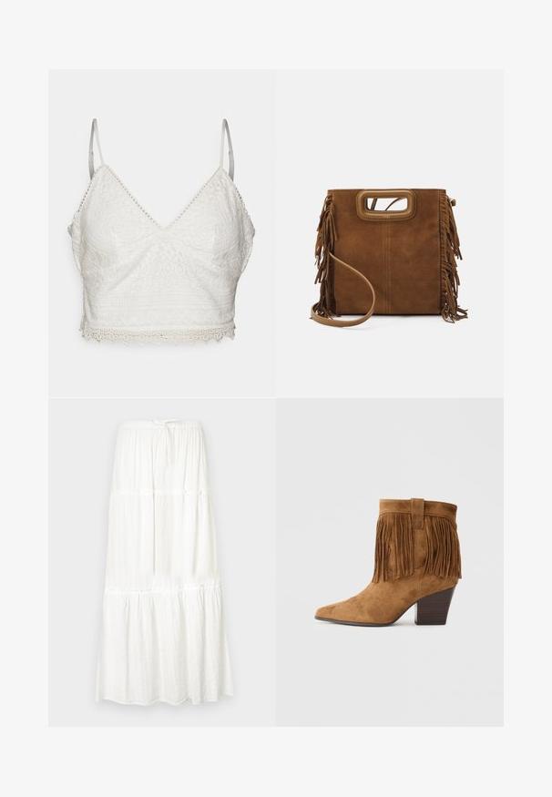 Bralette de encaje blanco con escote en V, tirantes delgados ajustables y borde festoneado. Presenta intrincados patrones florales y geométricos.; Falda larga blanca con diseño de capas, cintura elástica y cordón ajustable. Hecha de tela ligera con acabado texturizado.; Botín de ante marrón hasta el tobillo con punta afilada, detalle de flecos en el cuello y tacón de madera apilada. Textura suave en toda su superficie.; Maje Bolso de mano - camel