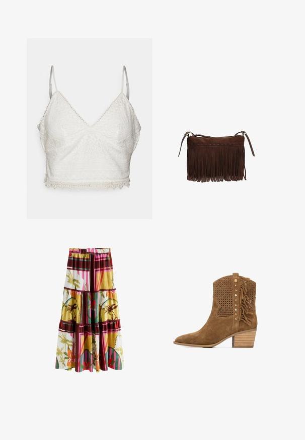 Bralette de encaje blanco con escote en V, tirantes delgados ajustables y borde festoneado. Presenta intrincados patrones florales y geométricos.; Falda larga de capas con cintura elástica, con patrones geométricos y florales multicolores en tonos amarillos, verdes, rosas, rojos y marrones.; Bota de tobillo de ante marrón con diseño floral recortado, detalle de flecos y tachuelas metálicas. Cuenta con tacón apilado y punta puntiaguda.; Bolso de hombro de ante marrón con largas borlas flecos y correas ajustables, cierre de cremallera a lo largo del borde superior.