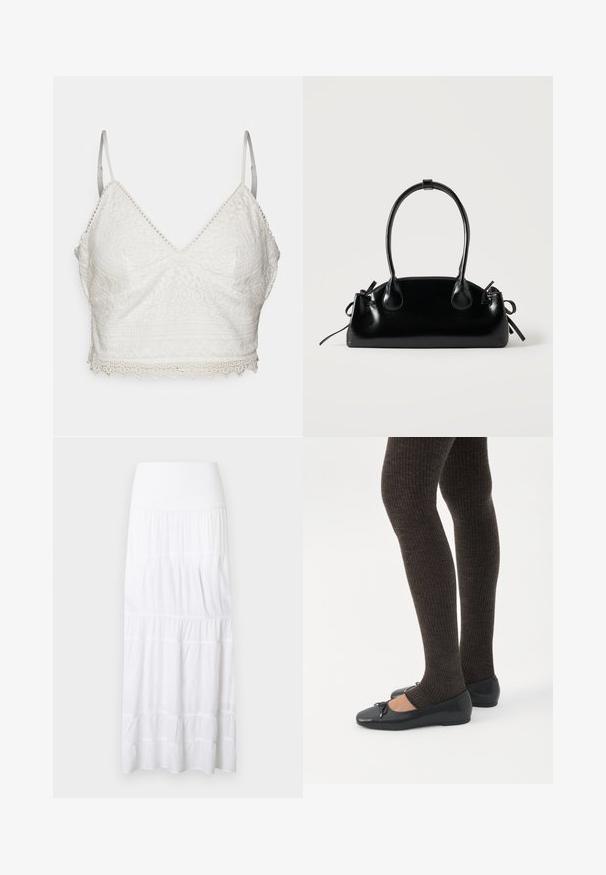 Bralette de encaje blanco con escote en V, tirantes delgados ajustables y borde festoneado. Presenta intrincados patrones florales y geométricos.; Falda larga blanca de volantes hecha de tela ligera. Cuenta con una cinturilla elástica y una textura sutil con costuras horizontales.; Piernas con leggings oscuros acanalados combinados con bailarinas negras que presentan pequeños detalles de lazo sobre un fondo blanco.; Pequeño bolso negro brillante con dos asas largas y detalles de cordón lateral sobre un fondo claro liso.