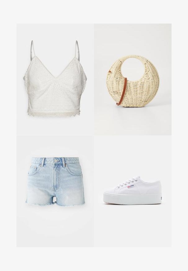 Bralette de encaje blanco con escote en V, tirantes delgados ajustables y borde festoneado. Presenta intrincados patrones florales y geométricos.; Shorts de mezclilla en azul claro, con una cintura alta, dobladillo deshilachado, bolsillos delanteros y traseros, y botón en tono cobre.; Zapatilla de lona blanca con una gruesa suela de plataforma blanca, punta redonda y ojales de metal para los cordones. Logotipo de la marca mostrado en el lateral.; Bolso redondo trenzado en paja natural con un acabado texturizado. Presenta una correa de cuero marrón suave y un asa circular.