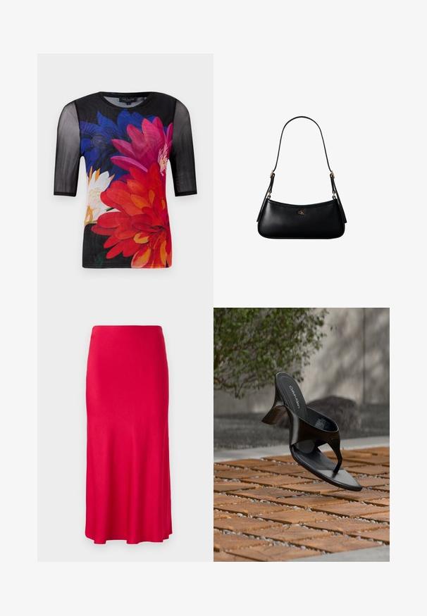 Kurzarm-T-Shirt mit einem schwarzen Mesh-Obermaterial und einem bunten Blumenmuster in Rot, Pink und Blau auf einem dunklen Hintergrund.; Roter, kniebewährter Rock aus glattem, dehnbarem Stoff. Eng an der Taille mit einem ausgestellten Saum, ohne sichtbare Verschlüsse oder Muster.; Schwarze Calvin Klein Riemchensandale mit Absatz, schwebend über einer gefliesten Außenfläche mit Grünpflanzen und einer Betonwand im Hintergrund.; Schwarze kleine Lederschultertasche mit dünnem Riemen und kleinem goldenem CK-Logo auf der Vorderseite in der Mitte.