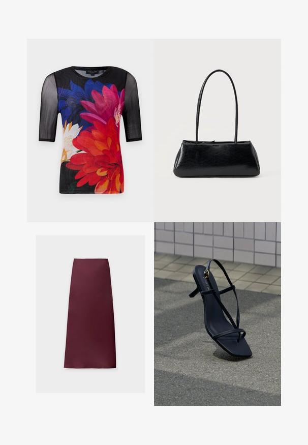 Kurzarm-T-Shirt mit einem schwarzen Mesh-Obermaterial und einem bunten Blumenmuster in Rot, Pink und Blau auf einem dunklen Hintergrund.; Gerader Midi-Rock in einfarbigem dunklem Burgunderrot mit glattem Stoff und ohne sichtbare Muster oder Verzierungen.; Schwarze, hochhackige Sandale mit dünnen Riemchen und einer goldenen Schnalle, die aufrecht auf einem strukturierten Gehweg nahe einer gefliesten Wand steht.; Schwarze rechteckige Schultertasche mit langen dünnen Trägern und einer glatten, glänzenden Textur auf einfarbigem Hintergrund.