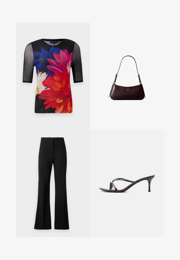Kurzarm-T-Shirt mit einem schwarzen Mesh-Obermaterial und einem bunten Blumenmuster in Rot, Pink und Blau auf einem dunklen Hintergrund.; Schwarze ausgestellte Hose aus glattem Stoff, mit hoher Taille, vorderen Bügelfalten und sauberem Saumabschluss.; Schwarze Peeptoe-Sandale aus Lackleder mit dünnen, gekreuzten Riemen und einem schlanken, mittelhohen Stilettoabsatz vor weißem Hintergrund.; Dunkelburgunderfarbene Lederhandtasche mit schmalem schwarzem Schulterriemen und kleinem goldenem "cK" Logo vorne in der Mitte.