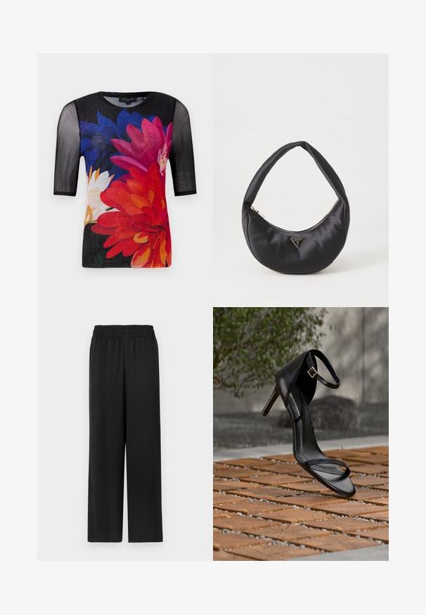 Kurzarm-T-Shirt mit einem schwarzen Mesh-Obermaterial und einem bunten Blumenmuster in Rot, Pink und Blau auf einem dunklen Hintergrund.; Schwarze weit geschnittene Hose mit elastischem Bund, aus einem glatten, leichten Stoff gefertigt. Hat einen geraden Schnitt und keine sichtbaren Muster.; Schwarze Sandalette mit hohem Absatz und Knöchelriemen schwebt über einem Holzboden im Freien vor verschwommenem Grün und Steinhintergrund.; Schwarze Satin-Handtasche mit geschwungener Form, ausgestattet mit einem Reißverschluss und einem dreieckigen Metallsymbol auf der Vorderseite. Glatte Textur und elegantes Design.